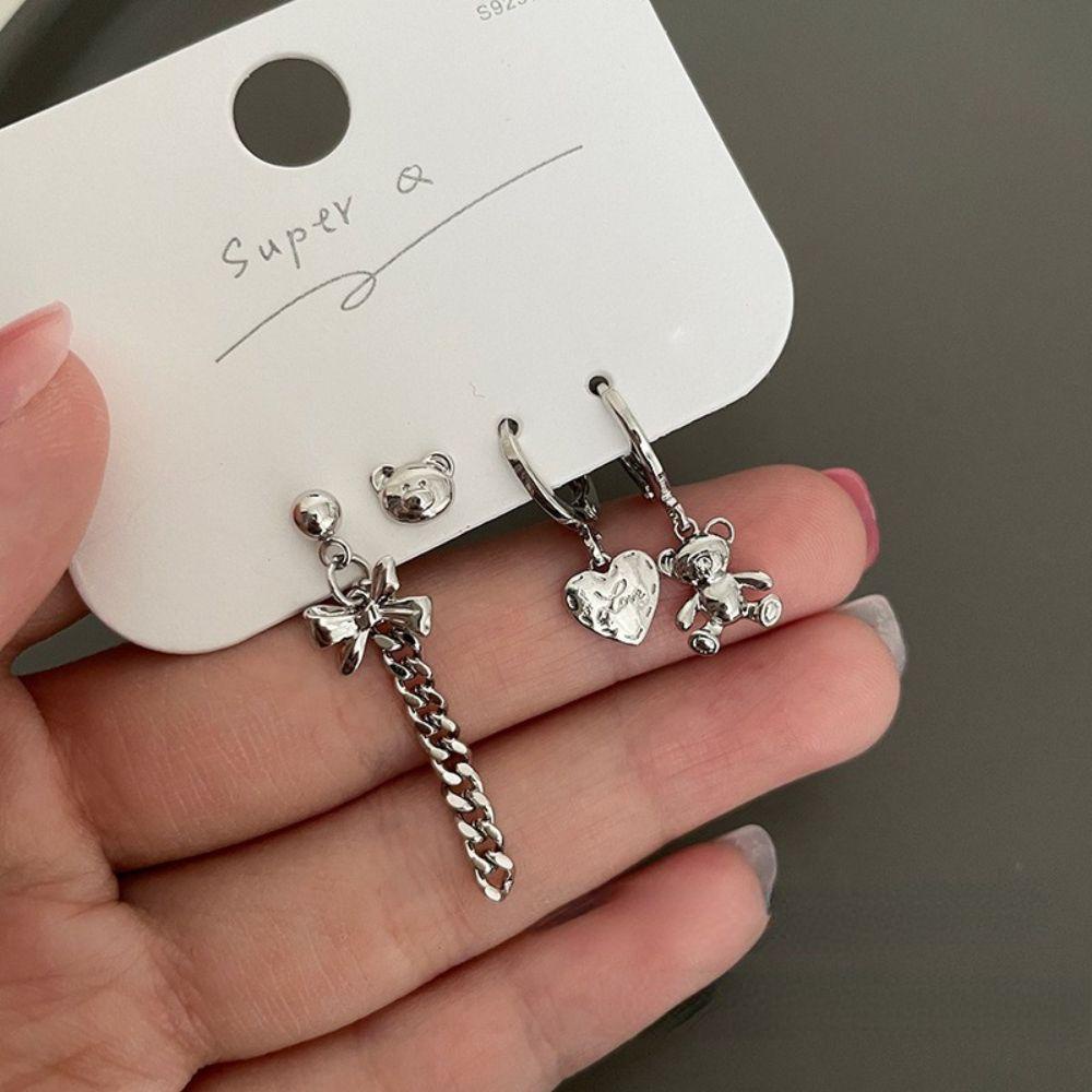 Set 4 Khuyên Tai Đeo Vành Tai Hình Nơ / Gấu Phong Cách Punk