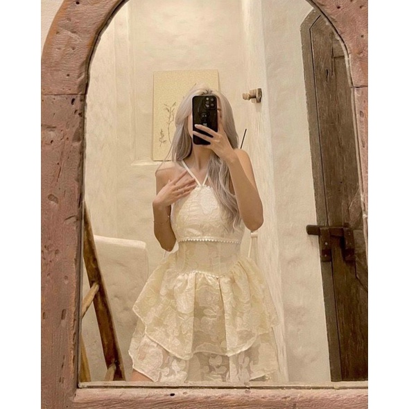 Đầm dự tiệc dây cổ yếm phối ren có lót toàn thân tùng xếp tầng cực sang chảnh ALICE DRESS