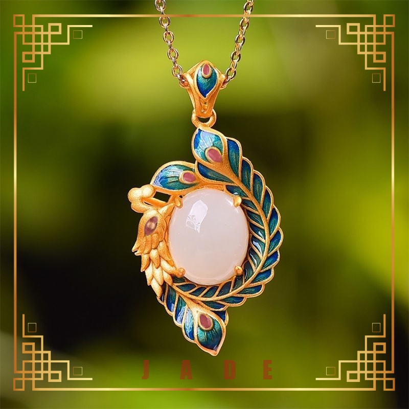 Vòng cổ Mặt Đá Ngọc Bích Trắng Hình Phượng Hoàng Phong Cách Trung Hoa Cổ Điển