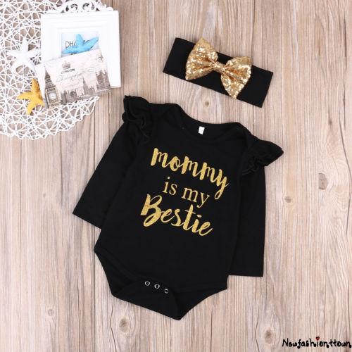 Set quần áo 2 món gồm áo liền quần dài tay cotton màu đen in chữ Mommy is My Bestie + băng đô cho bé gái