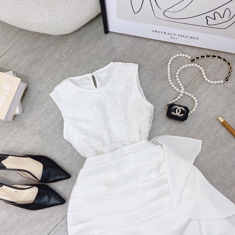 SET ÁO REN HOA SÁT NÁCH + CHÂN VÁY XẾP BÈO NHÚN