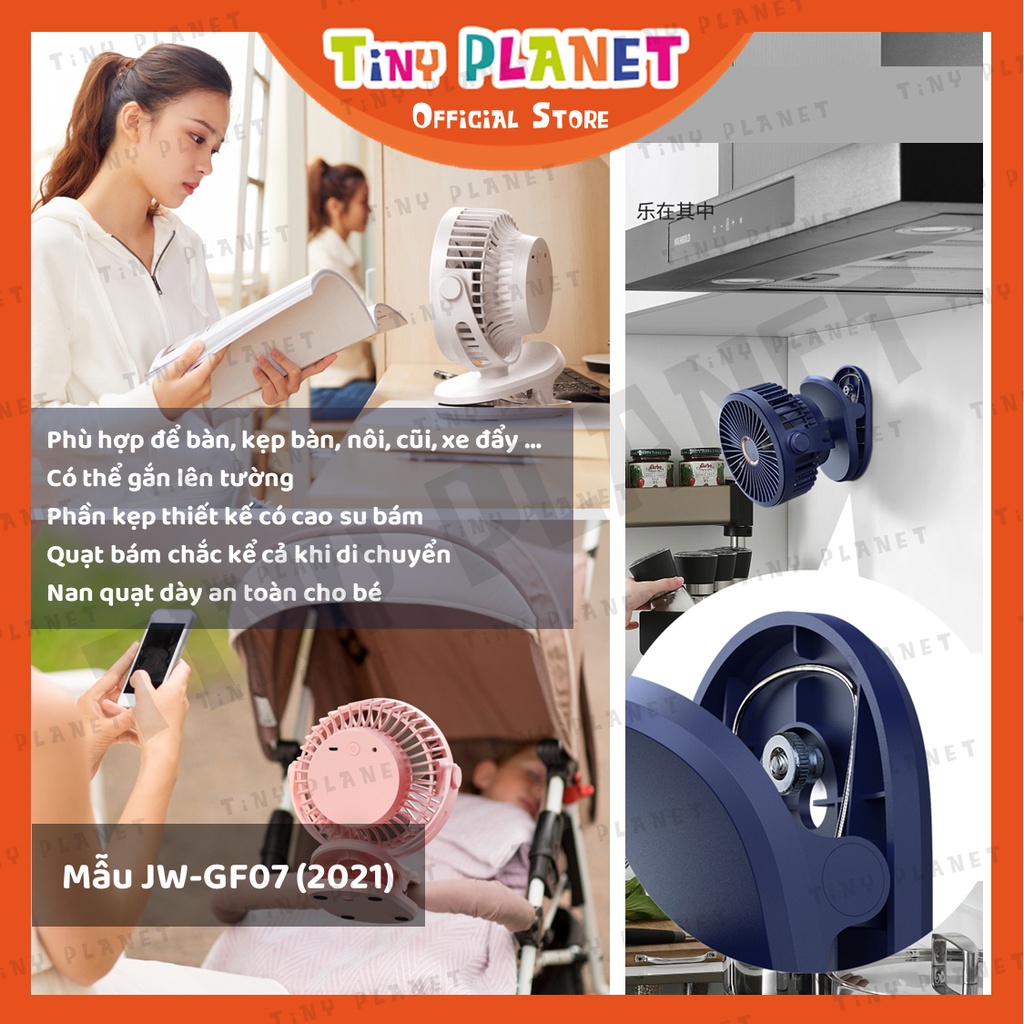 Quạt mini JW-GF07 JW-GF08 cỡ lớn pin 4000mah và 10000mah kẹp bàn, xe đẩy, sử dụng văn phòng, du lịch