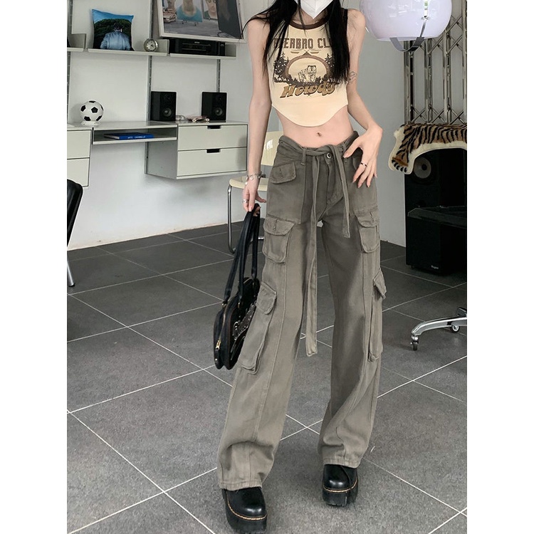 ❏Quần Yếm Jean Ống Rộng Phối Túi Phong Cách Đường Phố Mỹ Cá Tính