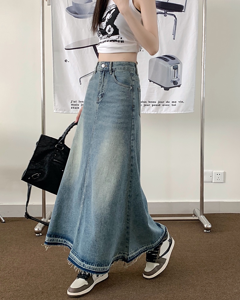 Chân váy jeans demin dáng dài chữ a phong cách Retro thời trang vintage Hàn Quốc