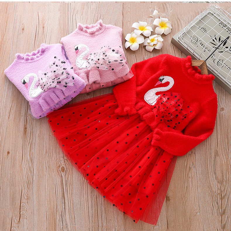 Váy công chúa thân len phối thiên nga cho bé gái lớn size 15-35kg