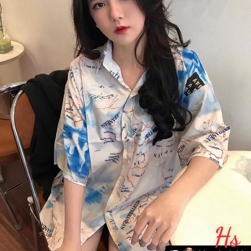 SUA011 Áo sơ mi nam nữ có cổ họa tiết bản đồ các quốc gia độc đáo cộc tay có túi form rộng đẹp đi biển đi chơi hot