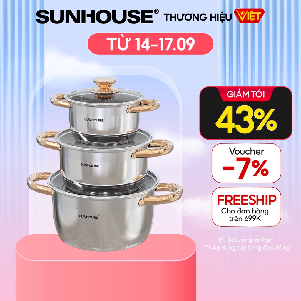Bộ Nồi Inox 5 Đáy SUNHOUSE Đáy Từ SH781 16, 20, 24 cm