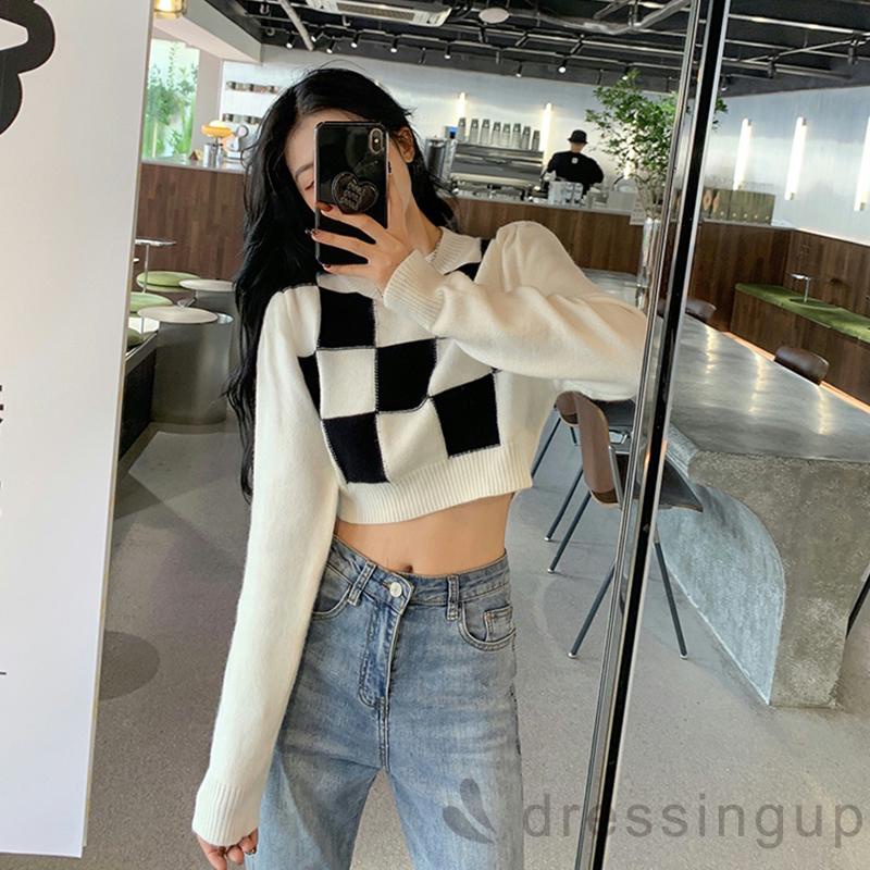 Áo Sweater Tay Dài Cổ Tròn Họa Tiết Khối Màu Sắc Cho Nữ