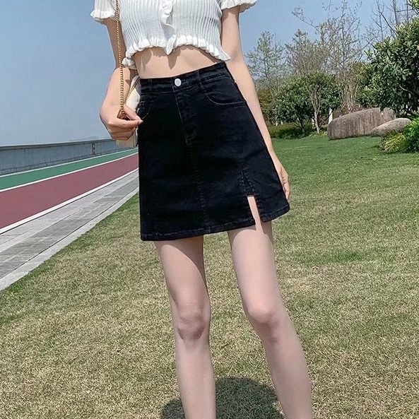 Chân Váy Denim Chữ a Lưng Cao Xẻ Tà Thời Trang Mùa Hè Phong Cách Mới Cho Nữ