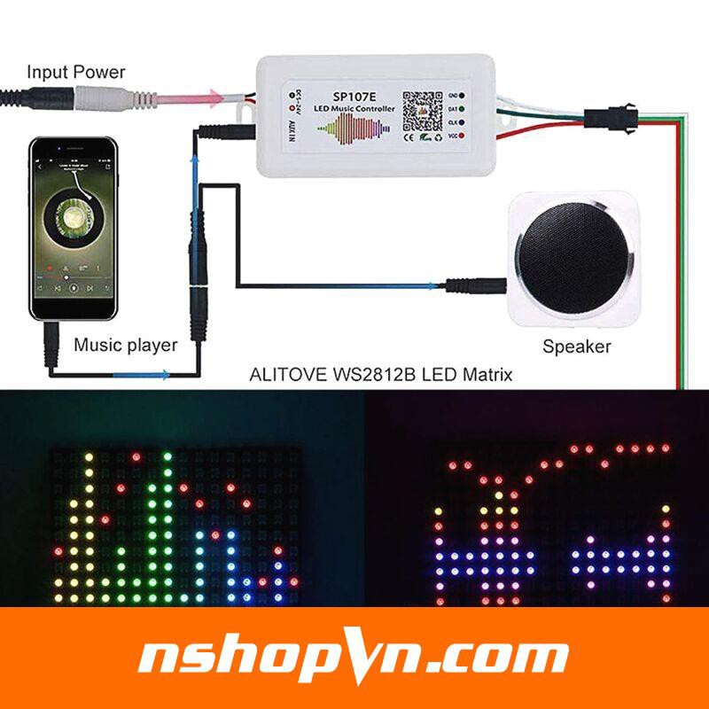 Bộ điều khiển LED WS2812 nháy theo nhạc SP107E 5-24V app bluetooth