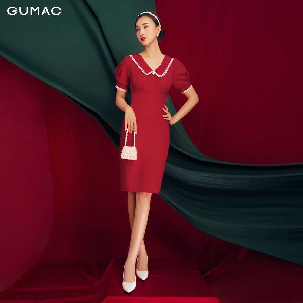 Đầm ôm nữ GUMAC basic xếp ngực bản eo thời trang màu đỏ, đủ size DB1170