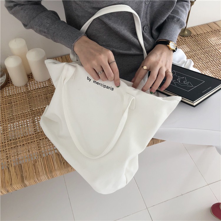 Túi tote đeo vai vải canvas dày chắc chắn có khoá kéo đựng vừa laptop 15'