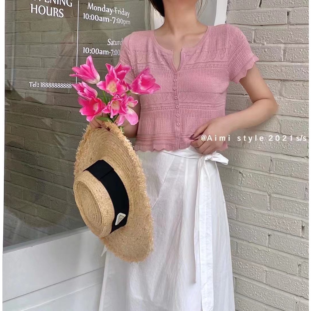 SUXI Áo dệt kim ngắn tay cổ chữ v thiết kế mới thời trang mùa hè dành cho nữ