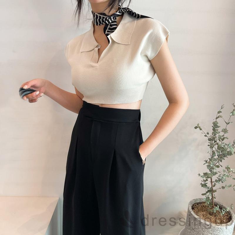 Áo Dệt Kim Tay Ngắn Cổ Chữ V Màu Sắc Đơn Giản Cho Nữ