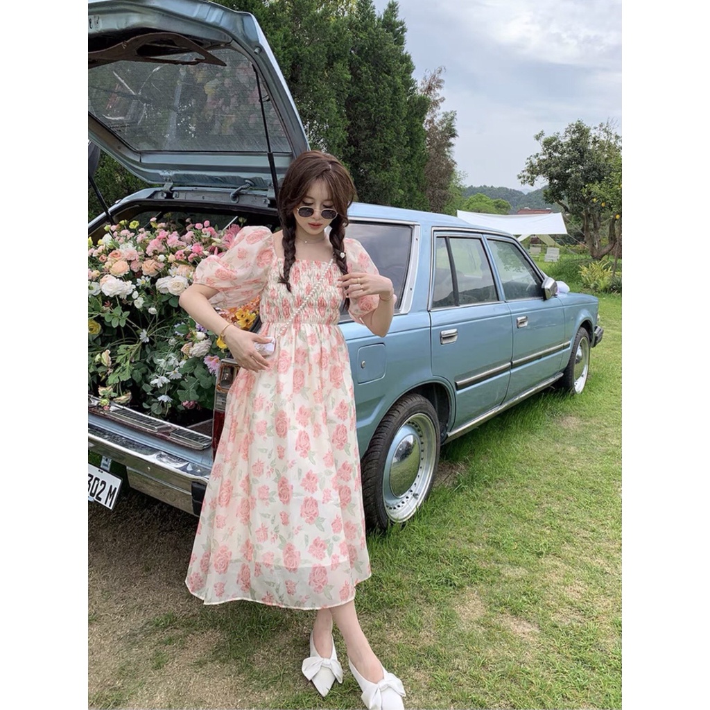 [Ảnh thật/Video] Đầm hoa hồng voan lụa 2 lớp tay bồng - Váy hoa nhí maxi chun ngực tiểu thư