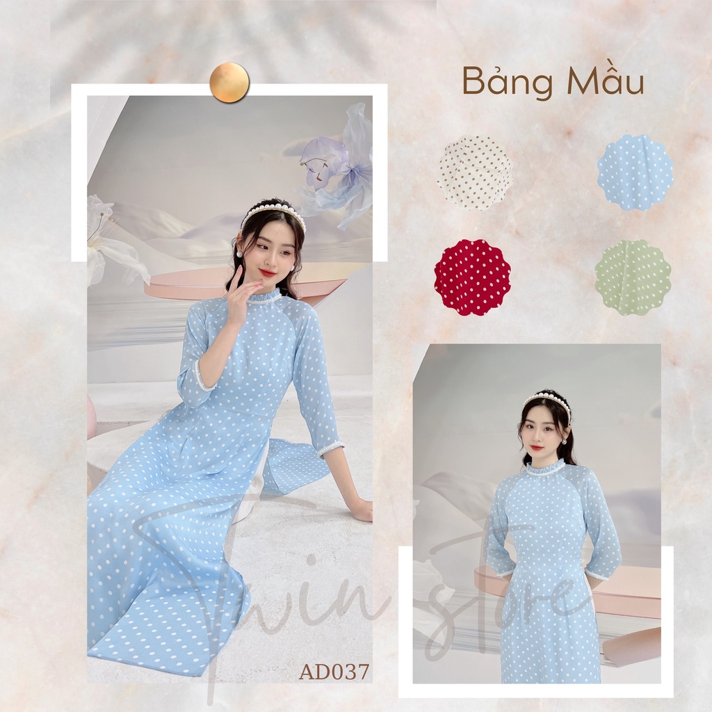 Áo dài nữ dáng ôm KÈM QUẦN - TWINS STORE họa tiết chấm bi, chất lụa - AD037