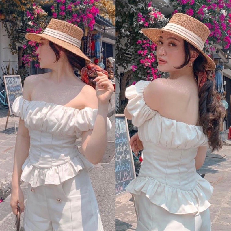 Set áo croptop trễ vai nhún ngực lai bèo kèm quần shorts phối nút Thời Trang nữ Hàn Quốc Ulzzang
