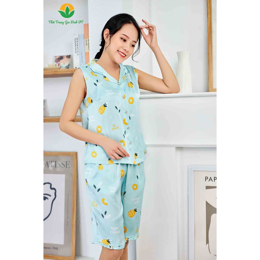 Bộ đồ lụa thời trang Việt Thắng quần lửng áo sát nách nữ họa tiết B45.2205