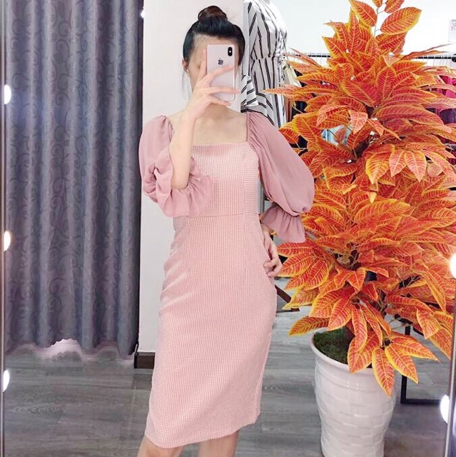 Đầm caro hồng phối tay voan hồng (kèm hình thật) | BigBuy360 - bigbuy360.vn