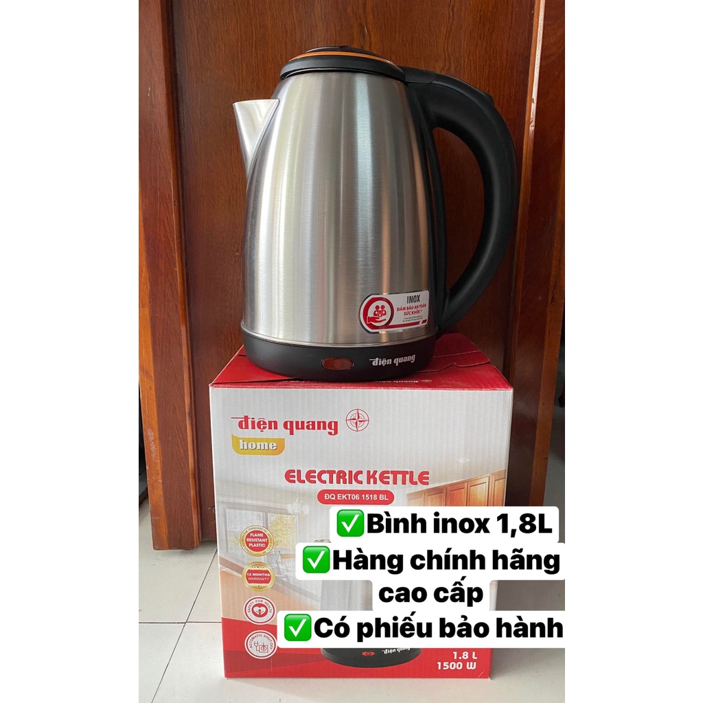 Ấm siêu tốc inox 1.8L điện quang hàng cao cấp, đun nước sôi siêu nhanh, chống cháy, đế xoay 360 độ, có giấy bảo hành