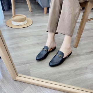 Giày Sục Mũi Vuông Vintage Phối Xích Da Lì Đế Vuông 3 Phân Trẻ Trung