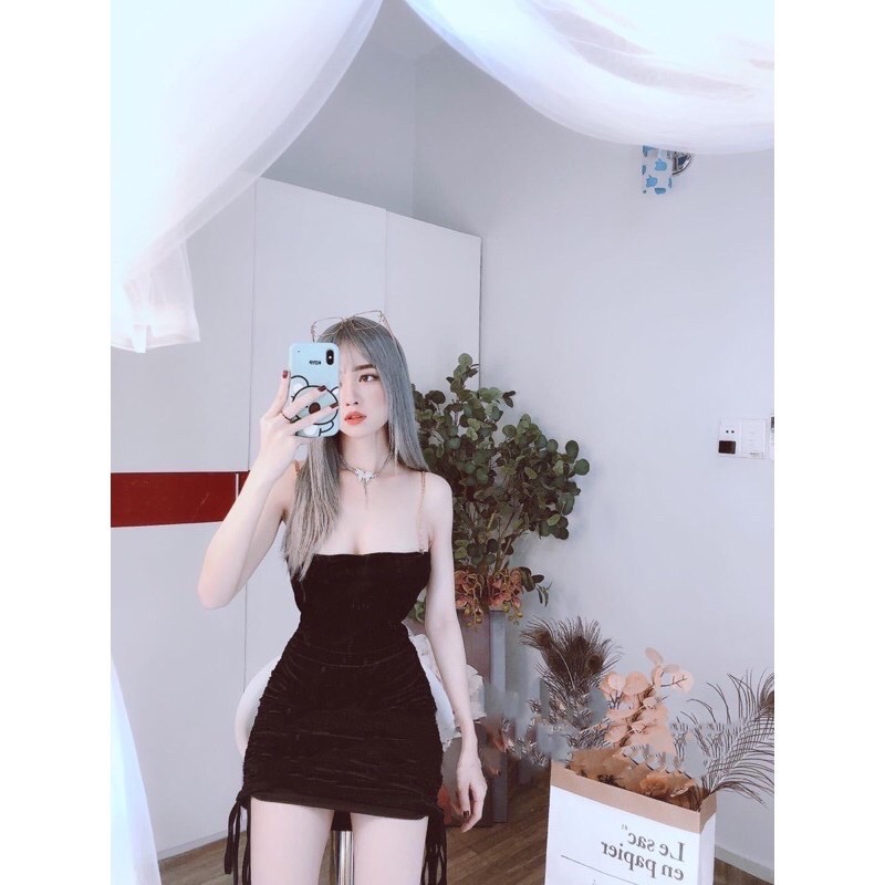 Đầm 2 dây nhung, đầm nhung dây xích xẻ tà