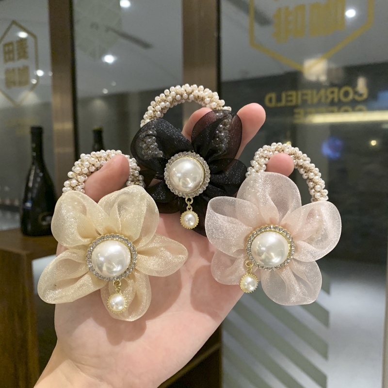 Dây Cột Tóc Ren Hoa Đính Ngọc Trai Nhân Tạo Phong Cách Hàn Quốc