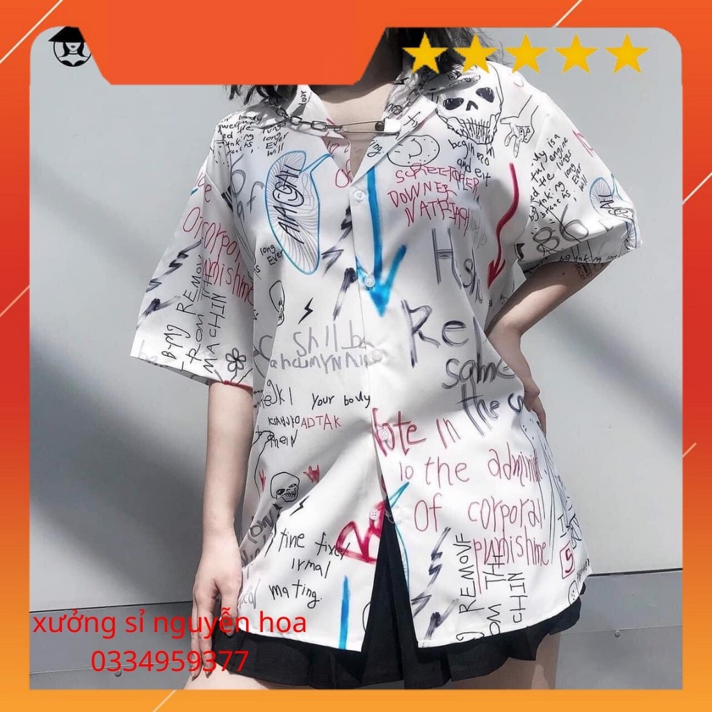 Áo sơ mi ngắn tay trắng unisex in chữ form rộng nam nữ mặc được (kèm video/ảnh thật) Xưởng Sỉ Nguyễn Hoa