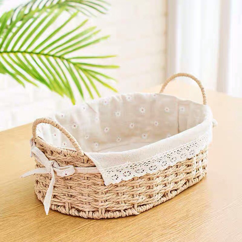 Giỏ mây lót vải CÓ QUAI vintage đựng đồ, giỏ đi picnic, để bàn decor đẹp mắt (Rổ cói lót vải)