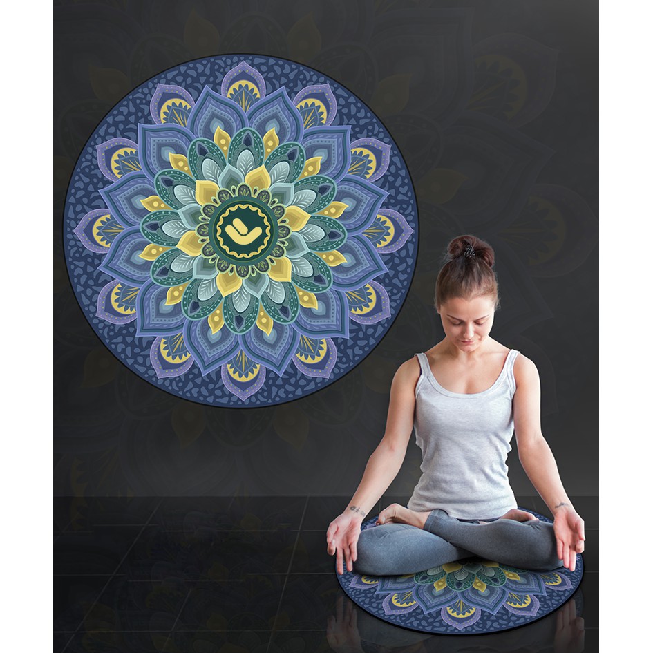 Thảm yoga ngồi thiền tròn  cao su tự nhiên phủ nỉ microfiber in hoa mandala đường kính 70cm dày 3.5mm