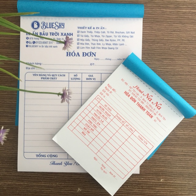 10 cuốn hoá đơn 1 liên, 2 liên in tên theo yêu cầu 100 tờ/quyển