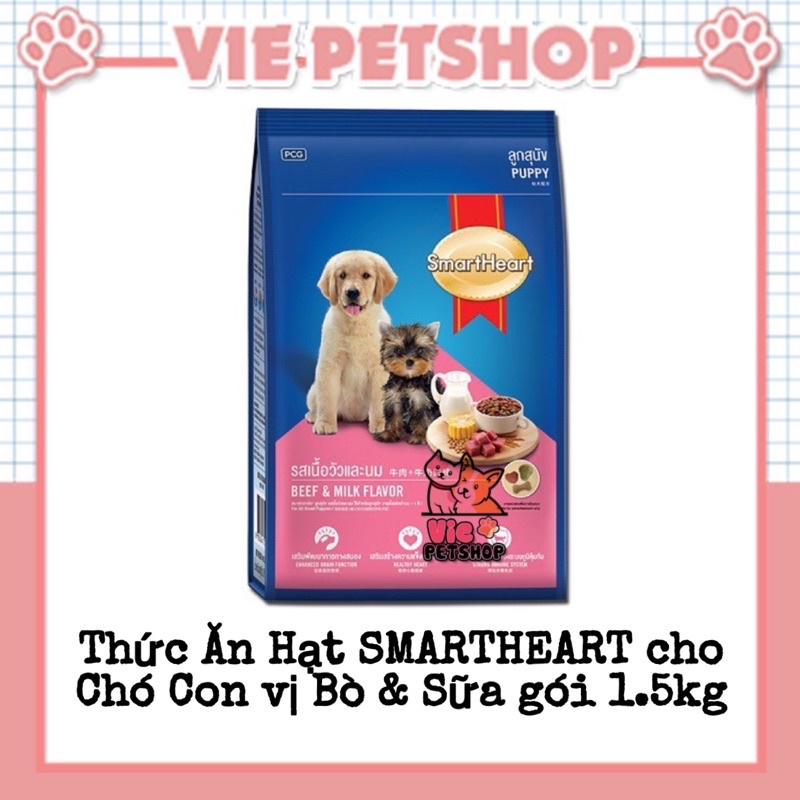 Thức Ăn Hạt Cao Cấp cho Chó Con SMARTHEART PUPPY Vị Bò và Sữa Gói 1.5Kg | Vie PETSHOP