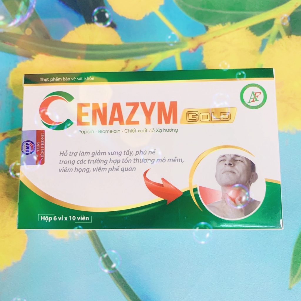 Cenazym gold Hộp 6 vỉ x 10 viên, giảm phù nề, sưng tấy do viêm họng, viêm phế quản, tổn thương mô mềm