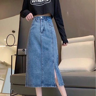 Chân váy cạp cao dài qua gối xẻ gấu phối viền nổi bật phong cách ulzzang