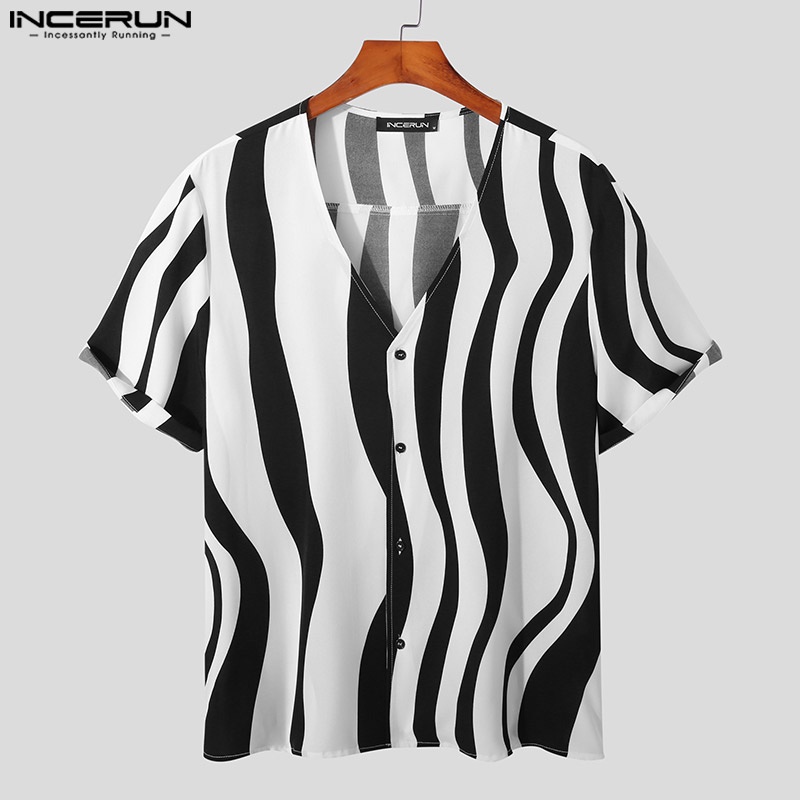 Áo sơ mi INCERUN tay lửng họa tiết kẻ sọc thời trang cho nam