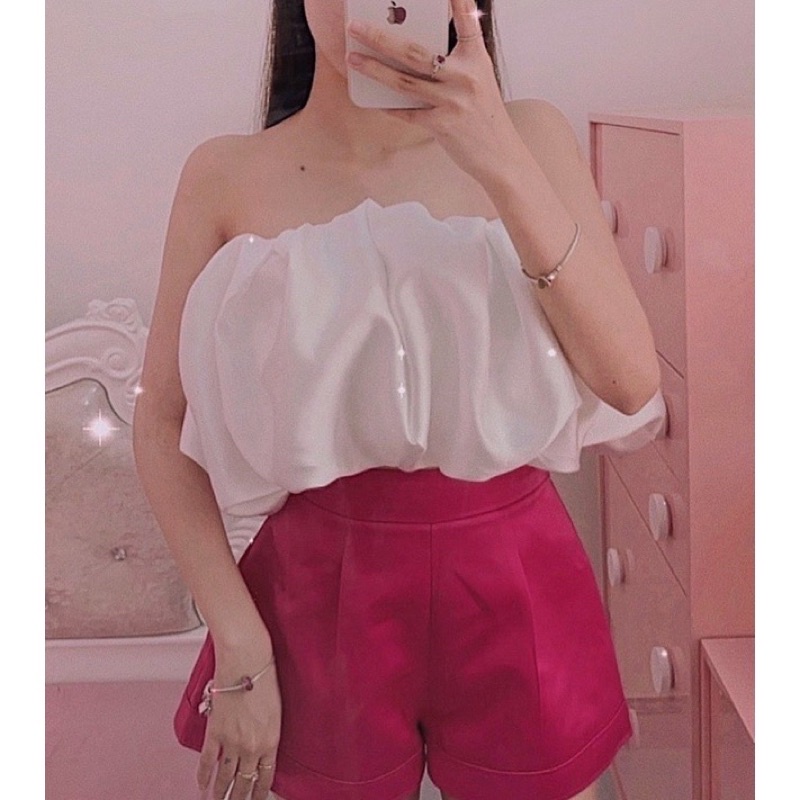 Set Áo Bí Trắng Kèm Quần Tacta Hồng,Đen (Freeship) Áo Cup Bí Bồng + Short