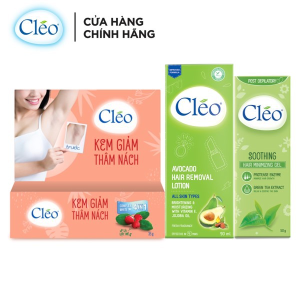 Combo Kem Giảm Thâm nách Cleo 35g, Lotion Tẩy lông Cleo 90ml và Gel dịu da chậm mọc lông Cleo 50g