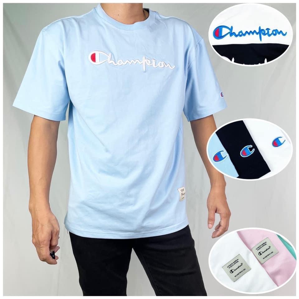 Áo thun tay lỡ Champion Logo thêu  , Áo thun Unisex tay lỡ nam nữ chất Cotton 100%