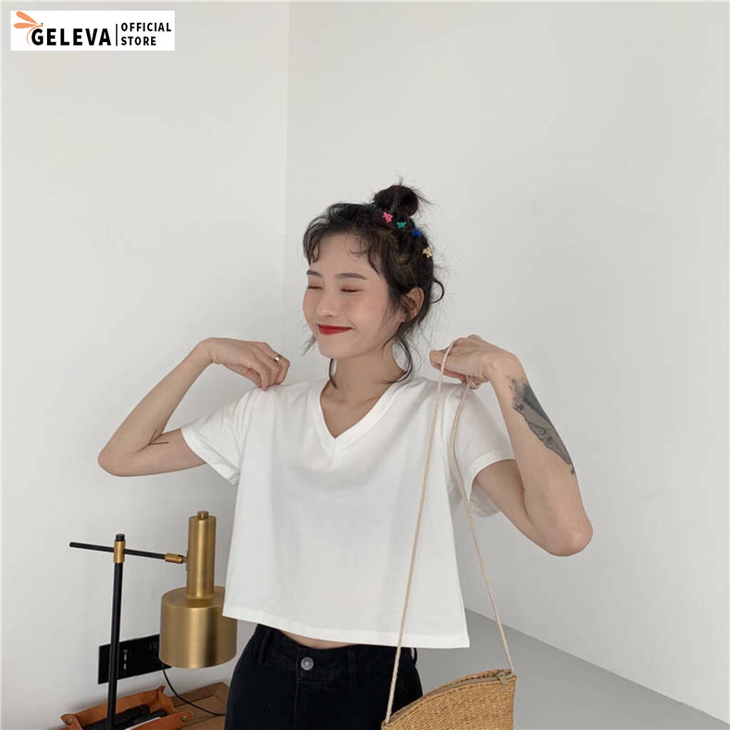 Áo croptop nữ cổ tim chữ v tay ngắn kiểu form rộng vừa nhiều màu đen trắng vàng, Áo phông thun nữ crt Geleva GE54