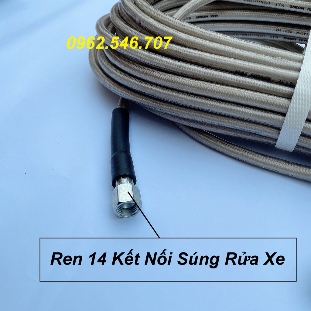 Dây Rửa Xe 10m,15m.20m Cho Máy Bơm Xịt Rửa Áp Lực Cao - Ren nối sung 14mm