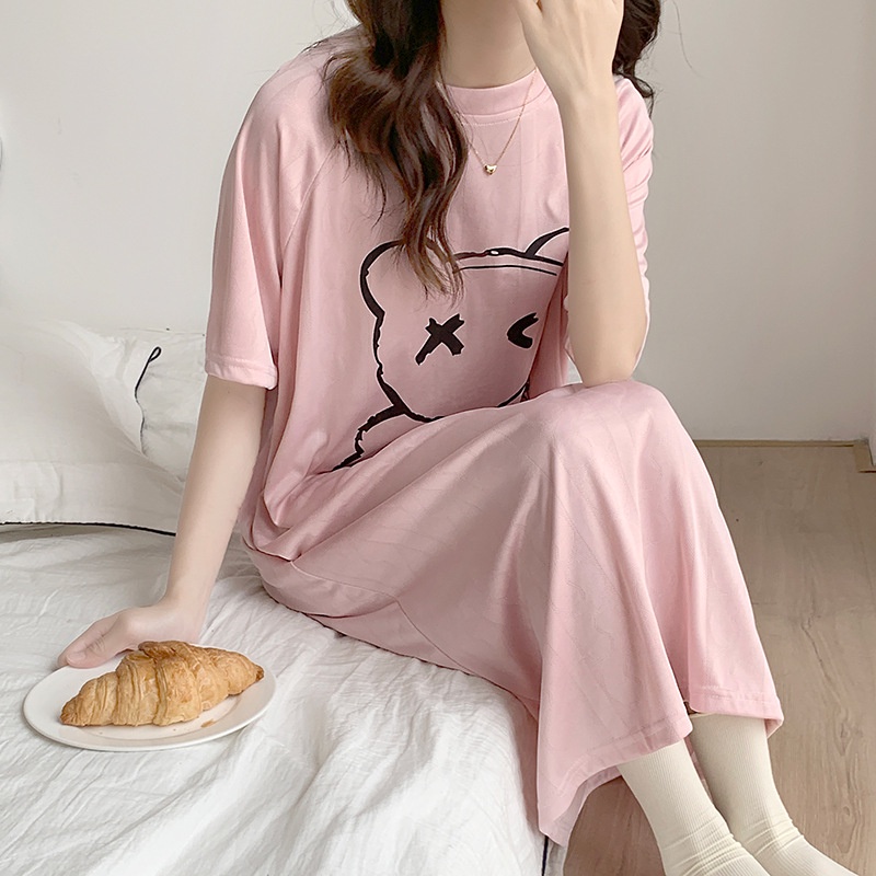 Đầm Suông Dài Tay Lỡ, Váy Suông Dáng Dài Nữ Cổ Tròn Chất Cotton In Hình Chú Gấu Tinh Tế Hot Trending TTDS0247