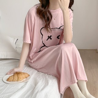 Đầm Suông Dài Tay Lỡ, Váy Suông Dáng Dài Nữ Cổ Tròn Chất Cotton In Hình Chú Gấu Tinh Tế Hot Trending TTDS0247