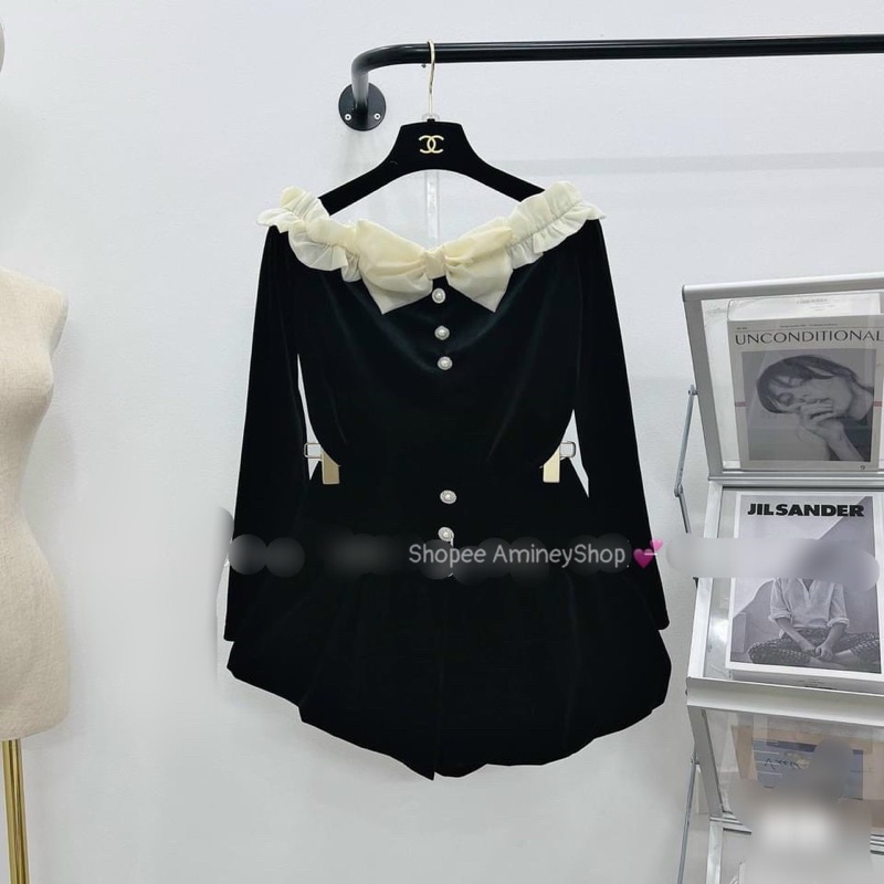 Áo nhung trễ vai nơ sang chảnh, Áo nhung nữ dài tay Amineyshop
