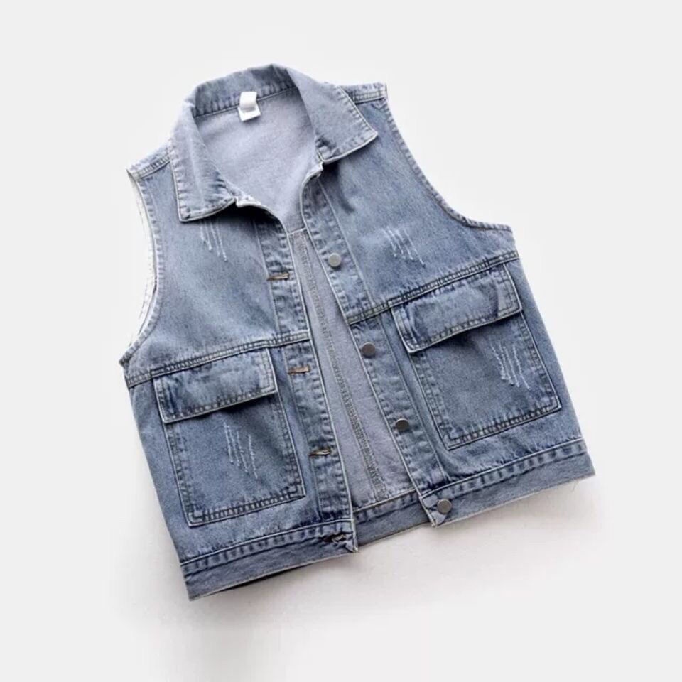 Denim vest Women's short style 2022 Spring and Summer New simple large pocket sleeveless vest all-purpose cardigan