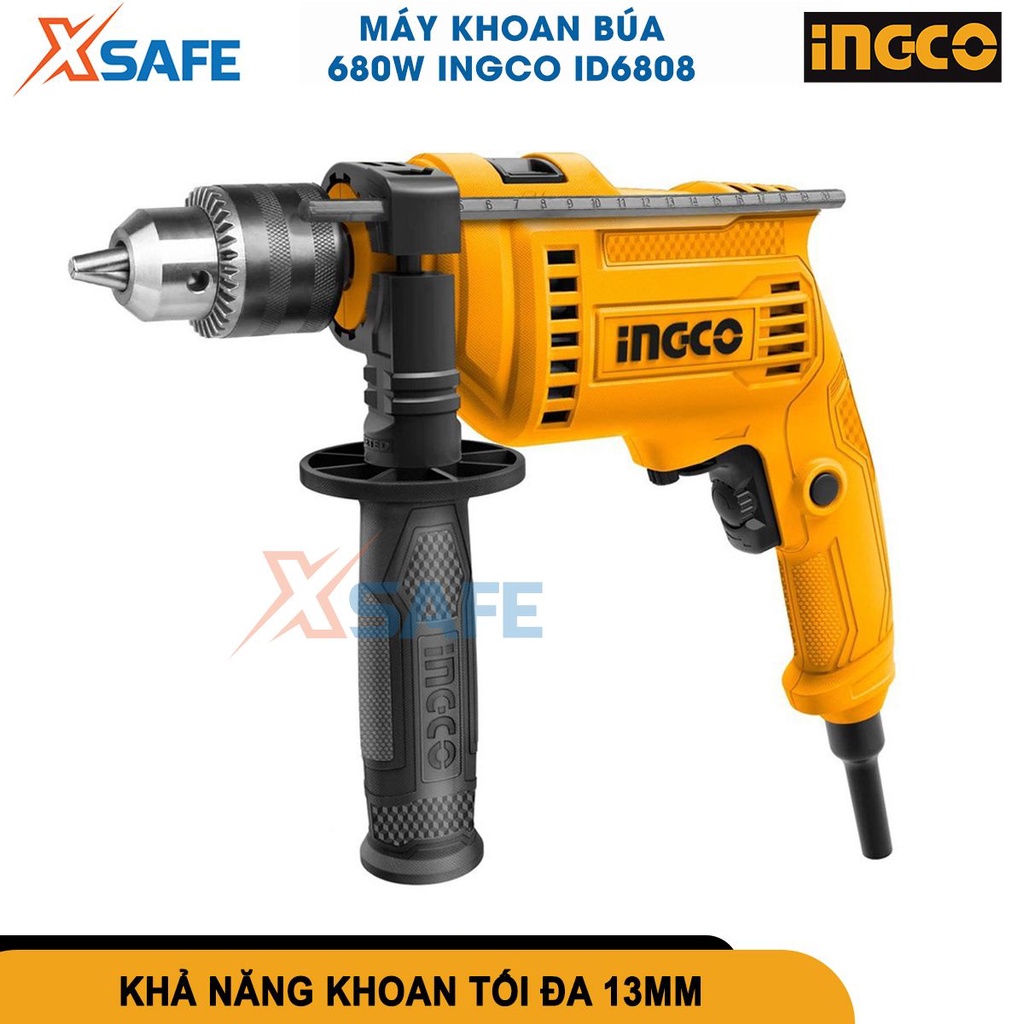 Máy khoan cầm tay INGCO ID6808 công suất 680W, dùng điện, tốc độ 0-3000rpm, khoan tối đa 13mm, điều tốc, đảo chiều