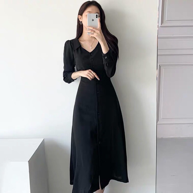 Đầm midi cổ tim bẻ Hàn Quốc chất mát - Đầm chữ A dáng dài có đai eo