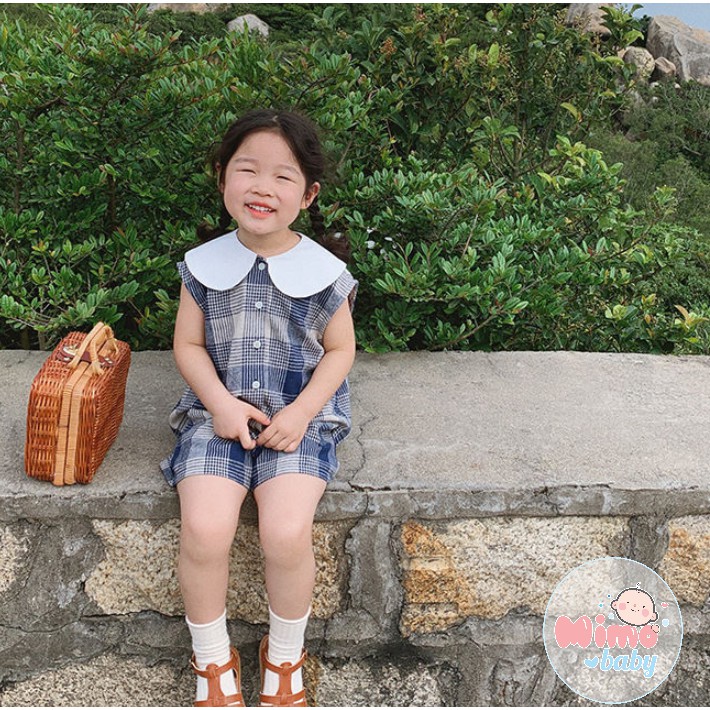 Bộ bé gái hè - Bộ kẻ xanh cổ cánh sen Mimo Baby