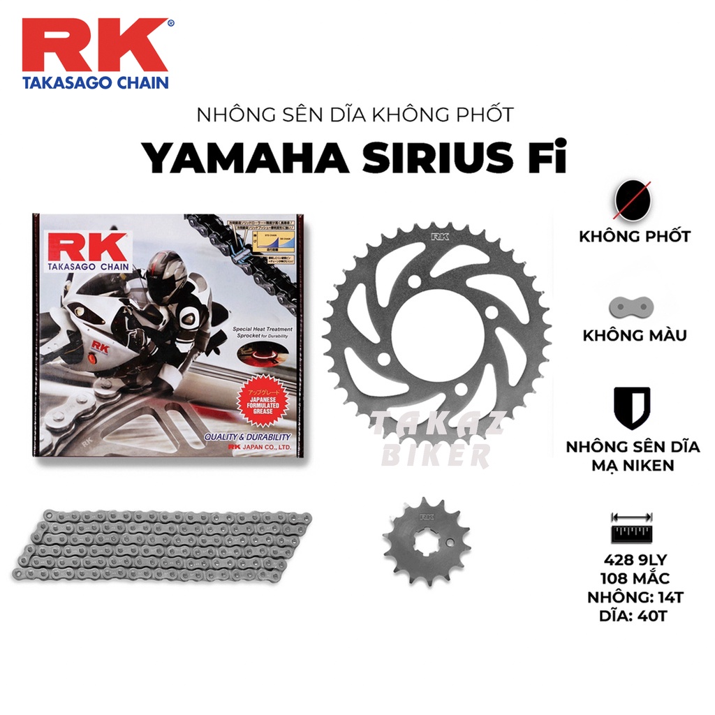 Nhông sên dĩa RK xe Yamaha Sirius FI thương hiệu JAPAN Hàng made in Malaysia