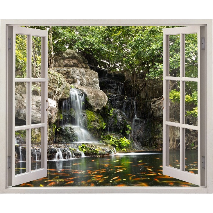 Tranh dán tường cửa sổ 3D cảnh thác nước đẹp VTC VT0044
