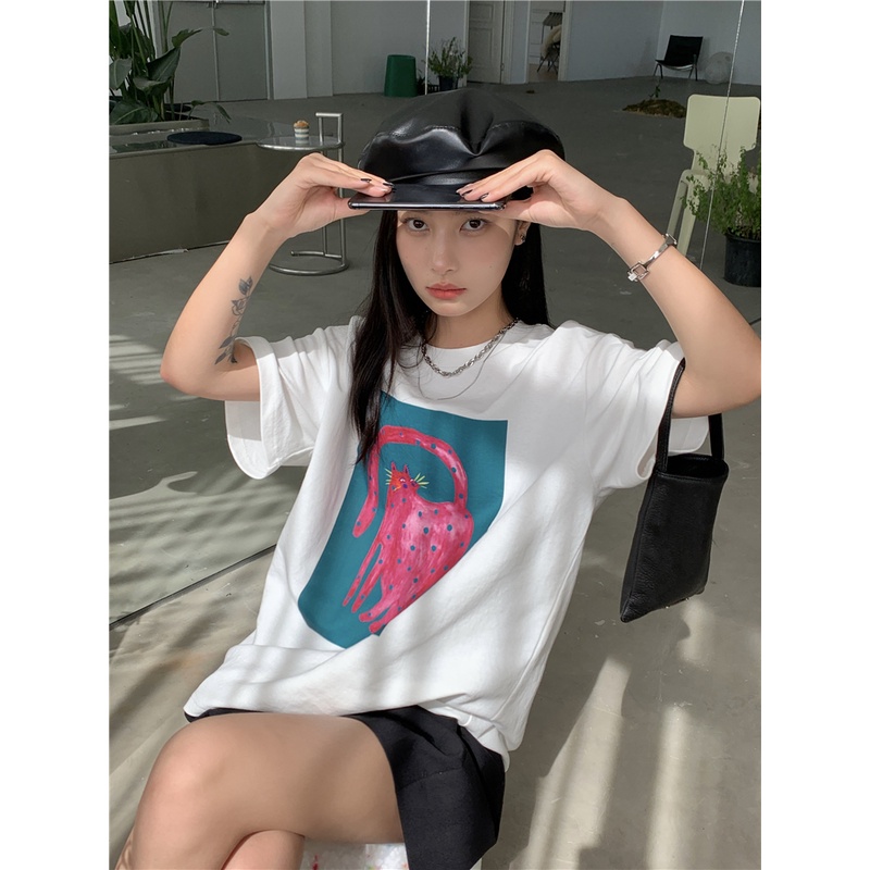 Áo Thun Cotton Tinh Khiết Tay Ngắn Dáng Rộng In Hình Báo Hồng 49896 Thời Trang Cho Nữ